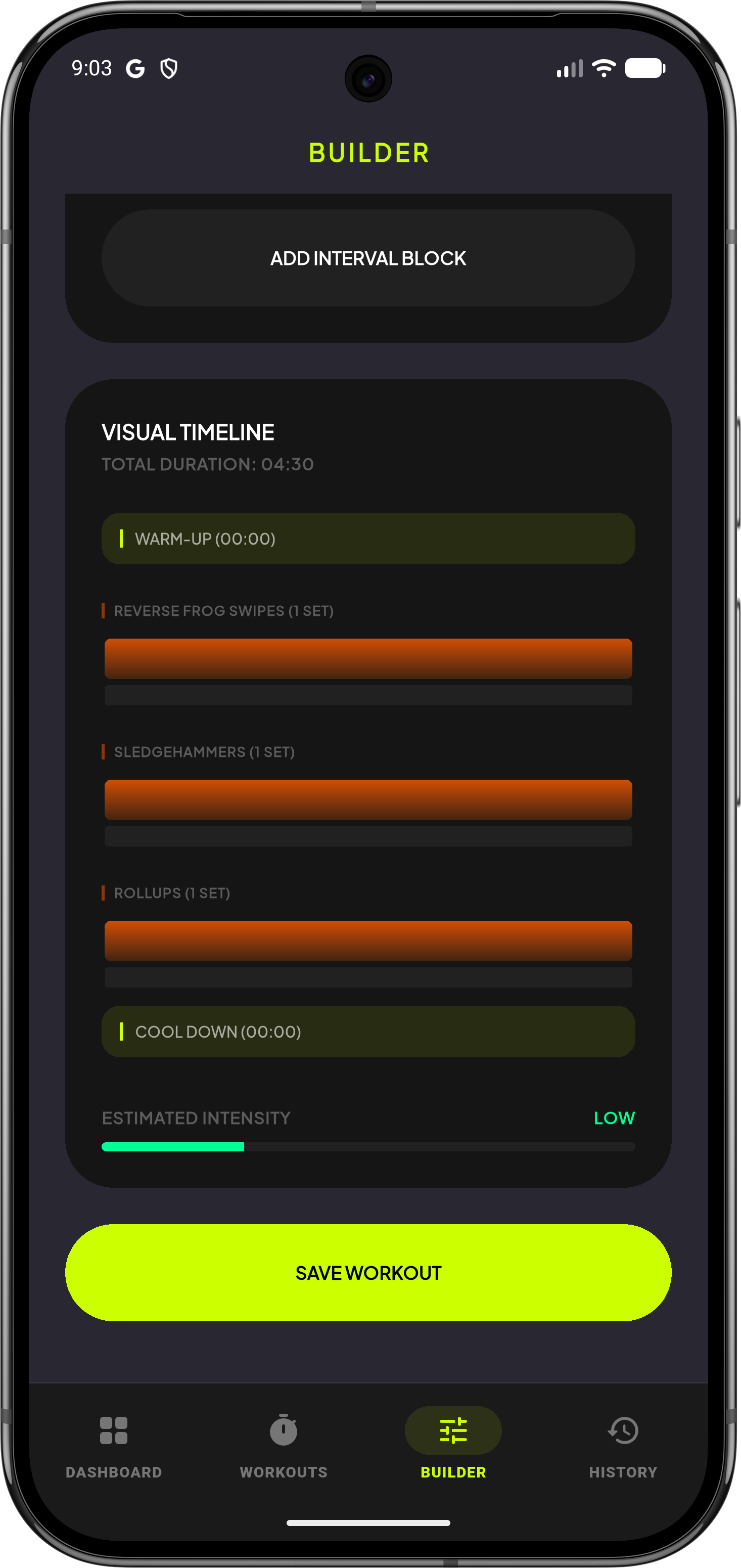 App Interface showing workout builder